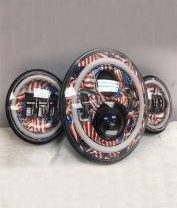 7" DAYMAKER AMERICAN FLAGS DESIGN Headlight Dual 4.5" - 4 1/2" Auxiliary Spot Passing LED Fog Lights Red Halo Bulb Harley SET