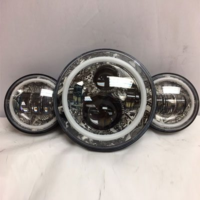 7" DAYMAKER DICEY GAMBLE DESIGN Headlight Dual 4.5" - 4 1/2" Auxiliary Spot Passing LED Fog Lights with BLUE Halo Bulb Harley SET