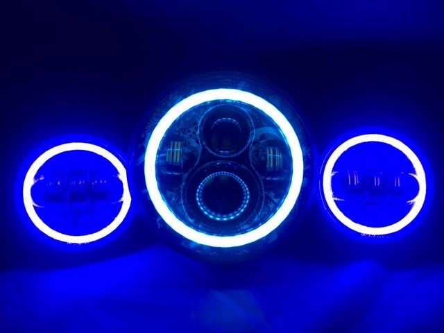 7" DAYMAKER DICEY GAMBLE DESIGN Headlight Dual 4.5" - 4 1/2" Auxiliary Spot Passing LED Fog Lights with BLUE Halo Bulb Harley SET - Image 5