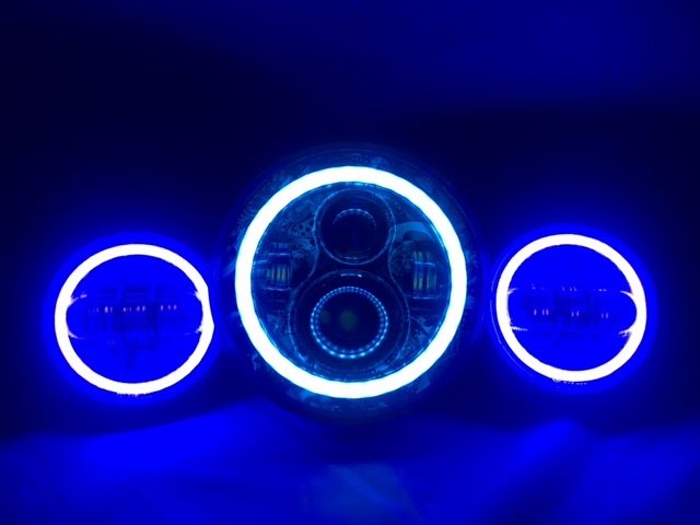 7" DAYMAKER DICEY GAMBLE DESIGN Headlight Dual 4.5" - 4 1/2" Auxiliary Spot Passing LED Fog Lights with BLUE Halo Bulb Harley SET - Image 6