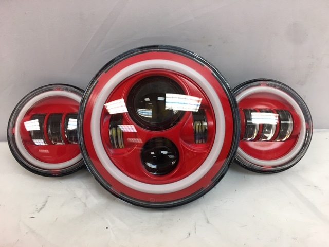 7" DAYMAKER Red With Red HALO Headlight Dual 4.5" - 4 1/2" AUX Black Spot Passing LED Fog Lights Bulb Harley SET - Image 9