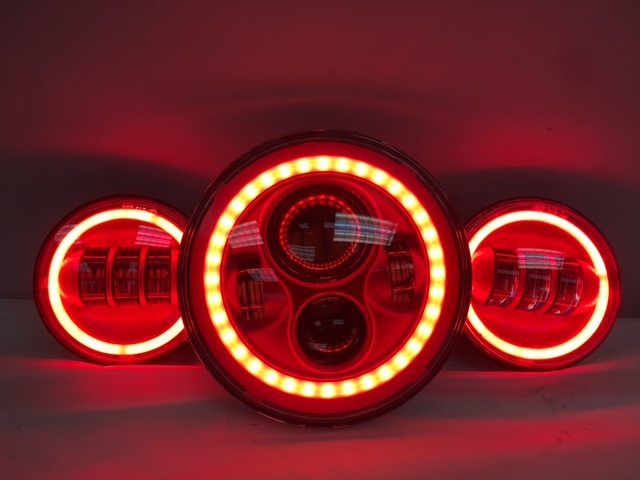 7" DAYMAKER Red With Red HALO Headlight Dual 4.5" - 4 1/2" AUX Black Spot Passing LED Fog Lights Bulb Harley SET - Image 11