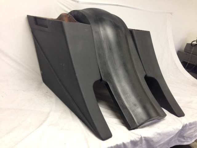 Harley Davidson 8" Stretched Extended SaddleBags with Cut Outs, Cut Fender, No Lids, Recessed Plate - Not Painted