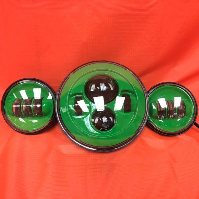 7" DAYMAKER GREEN Headlight Green Dual 4.5" - 4 1/2" Auxiliary AUX Spot Passing LED Fog Lights Bulb Harley SET