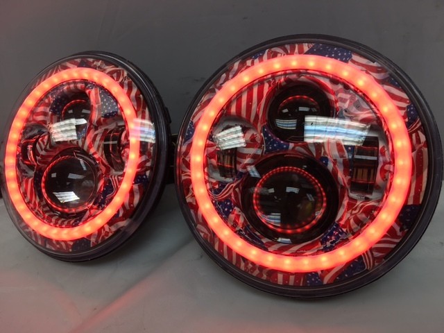 7'' AMERICANA DESIGN WITH RED HALO Suzuki Sierra Fits: Jeep Wrangler JK CJ TJ LED Rubicon Projector Daymaker Headlights Pair / Set - Image 18